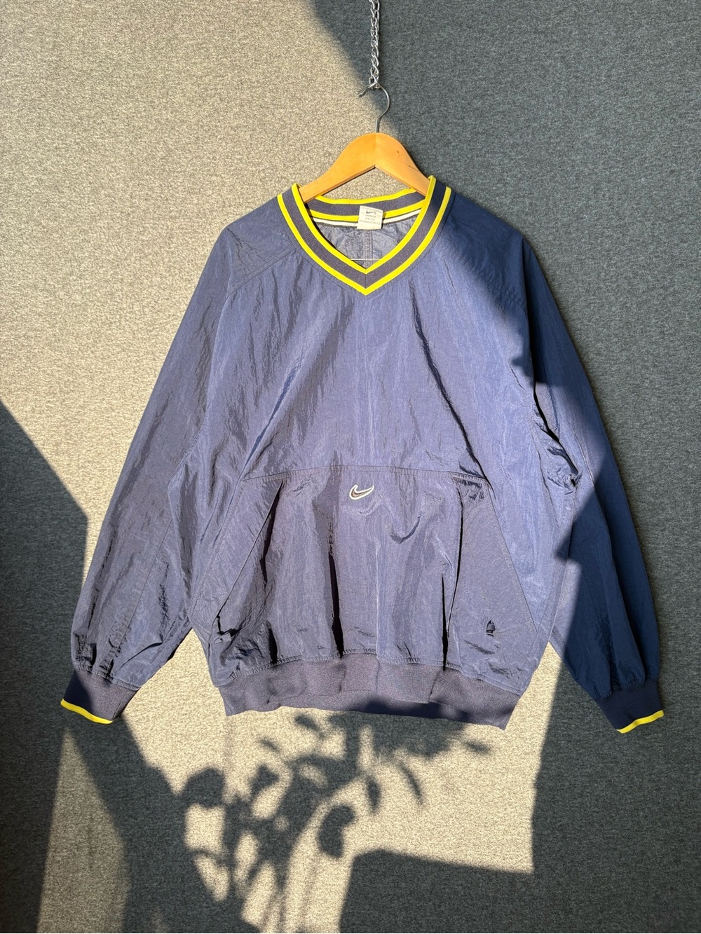 Vintage 90’s Nike Navy V-Neck Windbreaker Sweater with Yellow Trim